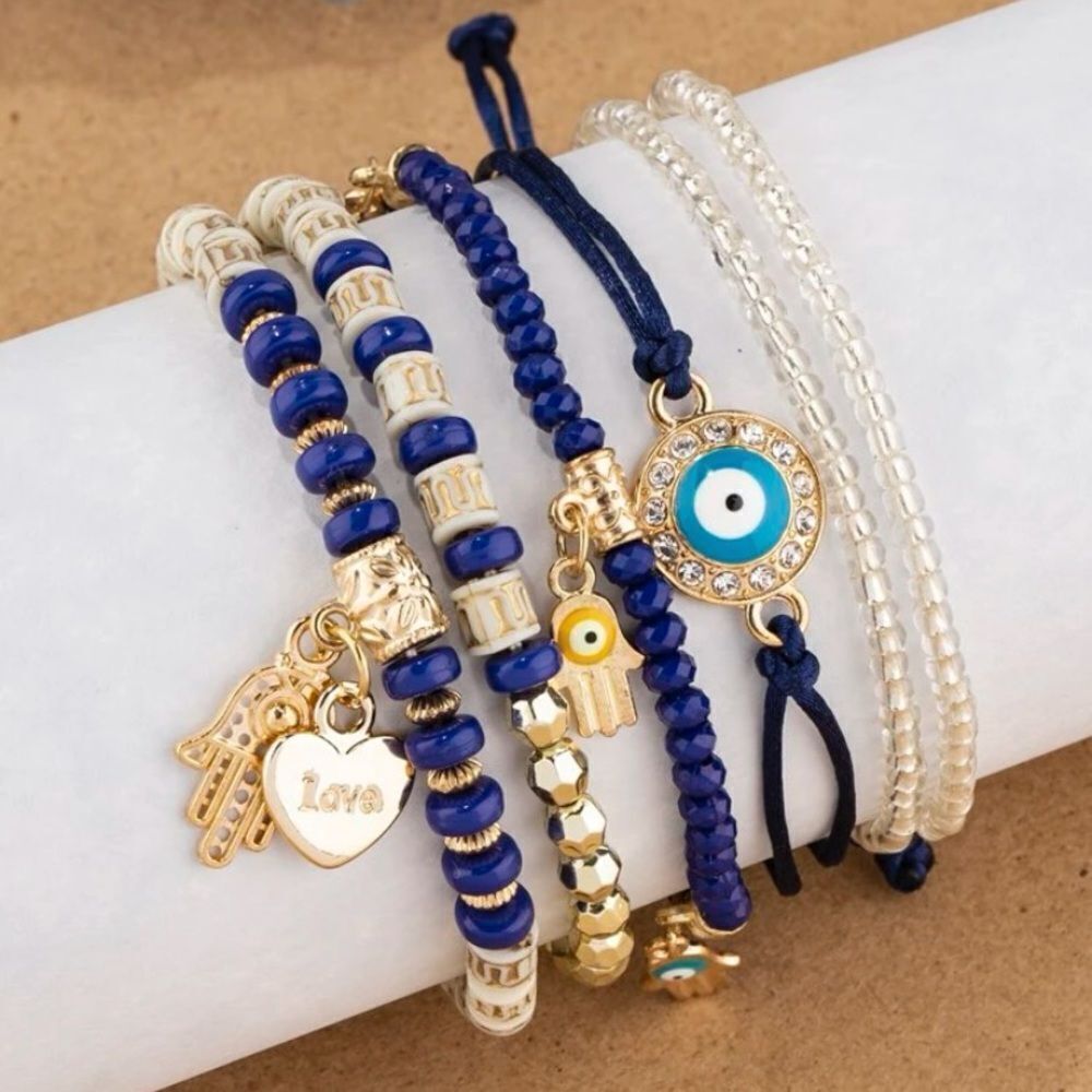 3for$20 NEW 6 pack Eye Detail Hamsa Hand & Heart Charm Beaded Bracelet Womens